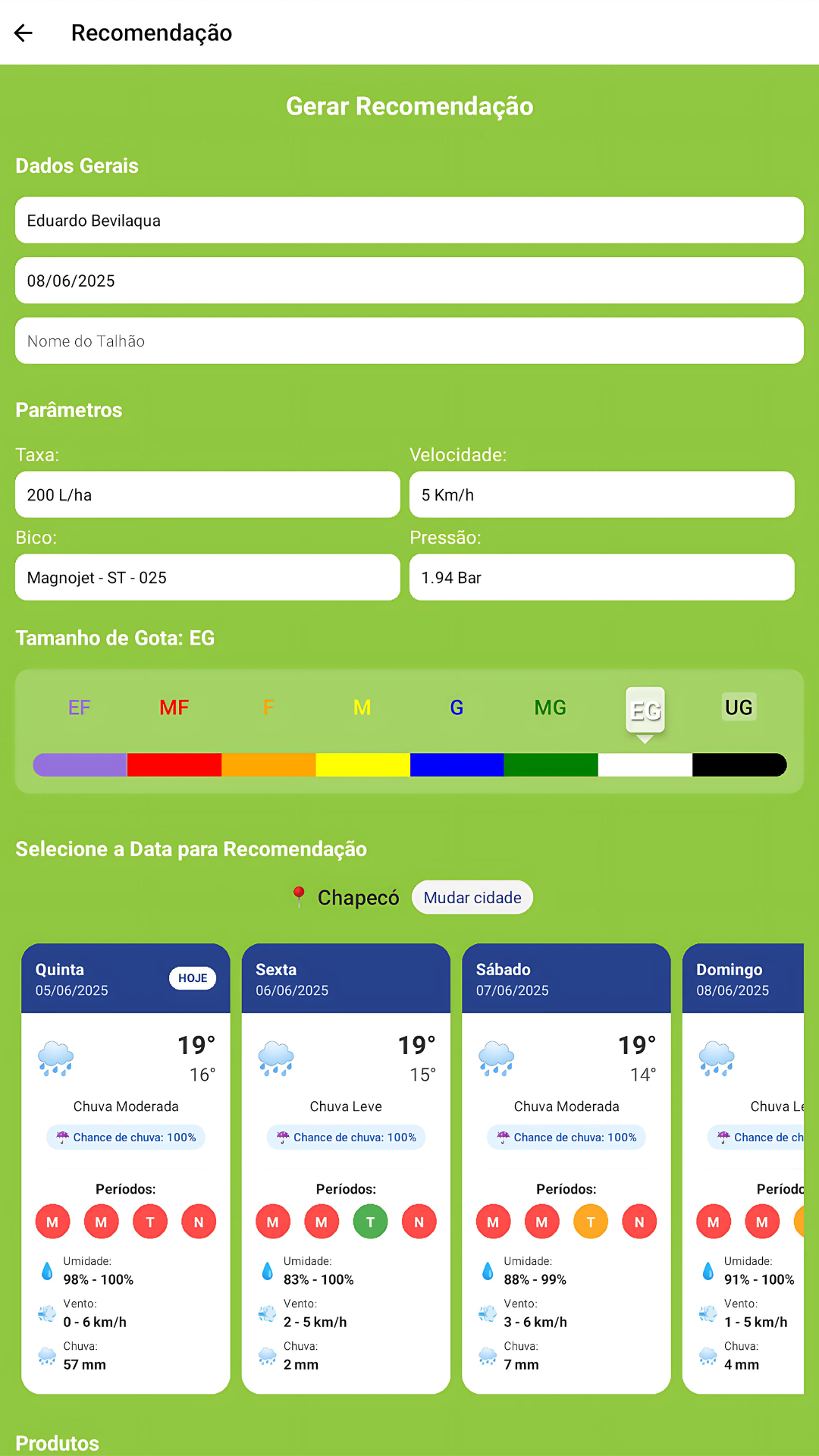 Interface do aplicativo TecGotas mostrando tela de recomendações de pulverização