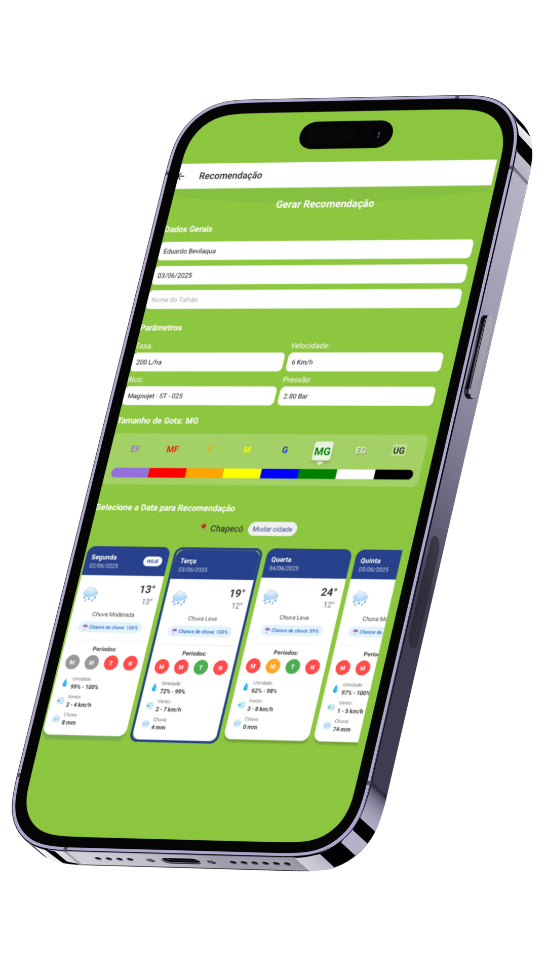 Tela do app exibindo recomendação personalizada de pulverização